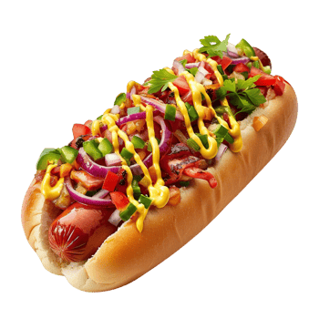 A freshly prepared hot dog with delicious toppings, Isolated on transparent Background png