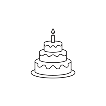 A simple line drawing depicts a three-tiered cake with wavy icing patterns and a single candle on top png