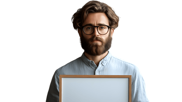 A man with a beard and glasses holding a blank frame perfect for mockups and presentations png