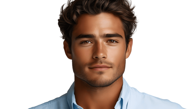 A man with a stylish haircut and beard wearing a light blue shirt against a black background png