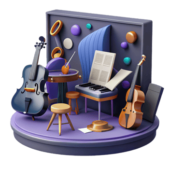 beautiful rustic Music Classroom with Instruments and Sheet Music Cutout original png