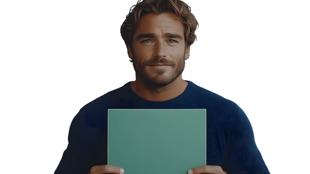 A person holding a blank green board ideal for presentations and mockups with a neutral backg png