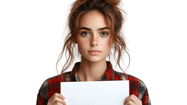 A person holding a blank sign ready for customization with a casual plaid shirt and natural h png