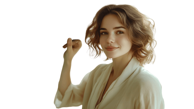A woman in a white robe with a confident smile gesturing with her hand perfect for beauty fa png