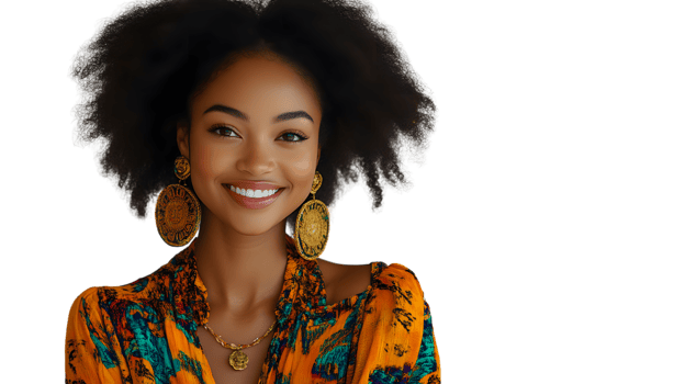 A woman with a radiant smile wearing vibrant clothing and large earrings exuding confidence a png