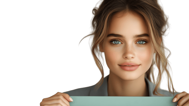 A woman with blonde hair and blue eyes holding a light green object ideal for beauty fashion png
