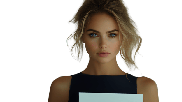 A woman with blonde hair and blue eyes wearing a black top holding a blank sign for text over png