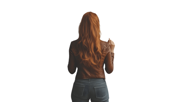 A woman with long hair wearing a leather jacket and jeans viewed from behind ideal for fashio png