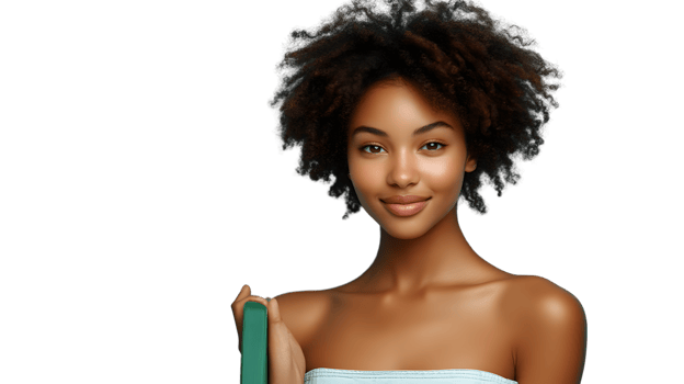 A woman with natural hair smiling and holding a green object against a black background png