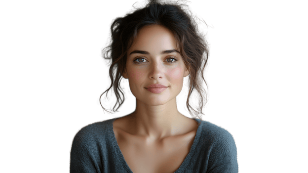 A woman with soft wavy hair and a gentle smile wearing a casual top against a black backgroun png