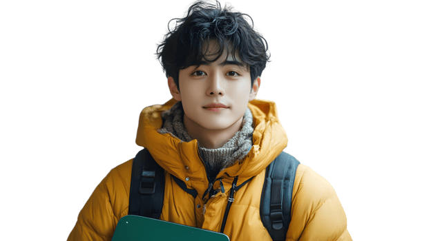 A young individual dressed in a vibrant yellow jacket ready for outdoor adventures with a back png