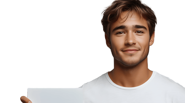 A young individual holding a blank paper smiling warmly against a black background png