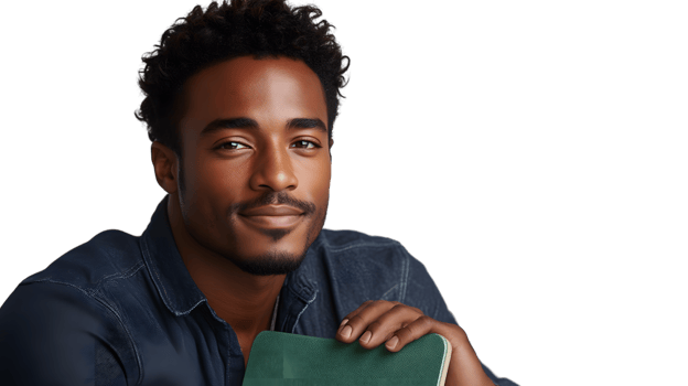 A young individual holding a green notebook dressed in a casual denim shirt exuding confidenc png