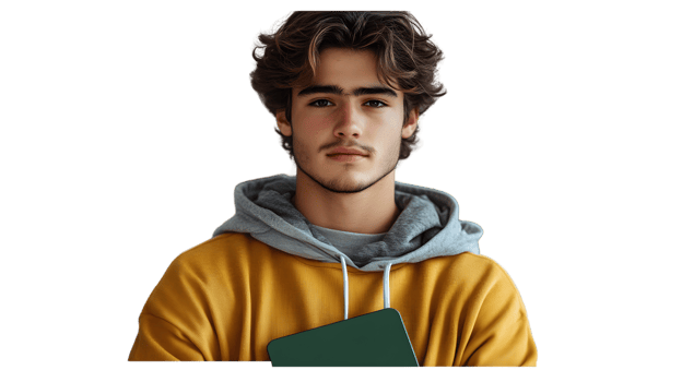 A young individual in a stylish yellow hoodie holding a tablet perfect for tech and fashion th png