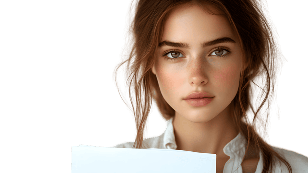A young individual with a neutral expression holding a blank paper ideal for business and edu png
