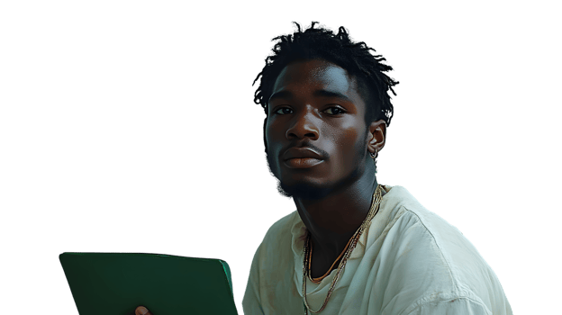A young individual with a stylish appearance wearing gold chains and holding a green tablet ag png