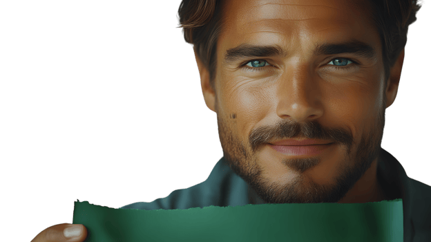 Closeup portrait of a man with a beard holding a green sign png