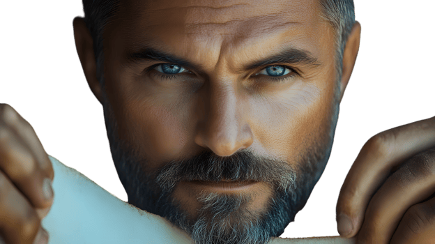 Closeup portrait of a man with blue eyes and graying beard holding a piece of paper png