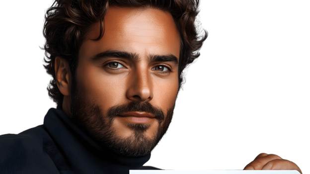 Closeup portrait of a man with brown hair and beard holding a blank sign png