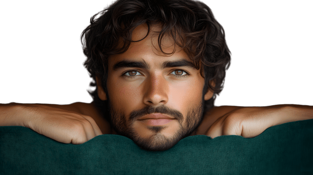 Closeup portrait of a man with curly hair and beard leaning on a dark green fabric png