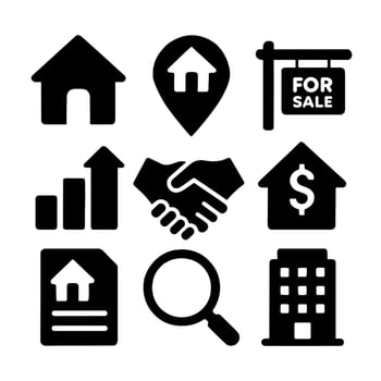 Real Estate Icons Set Black real estate icon set featuring house, location pin, for sale sign, property document, building, growth chart, dollar house, handshake, and magnifying glass vector