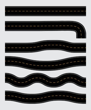Highway roads, isolated set of straight and winding streets or ways. tracks and winding road curve pathway set illustration vector