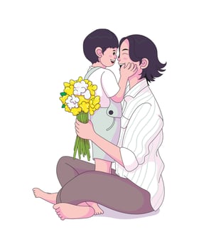 Happy mother receiving a beautiful bouquet of flowers from her smiling son, celebrating warm Mother's Day vector