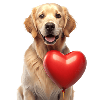 Golden retriever holding heart balloon for valentine's day indoor pet photography joyful environment close-up love concept png
