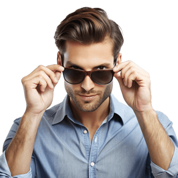 Man trying on sunglasses in trendy urban setting fashion photography bright environment stylish viewpoint png
