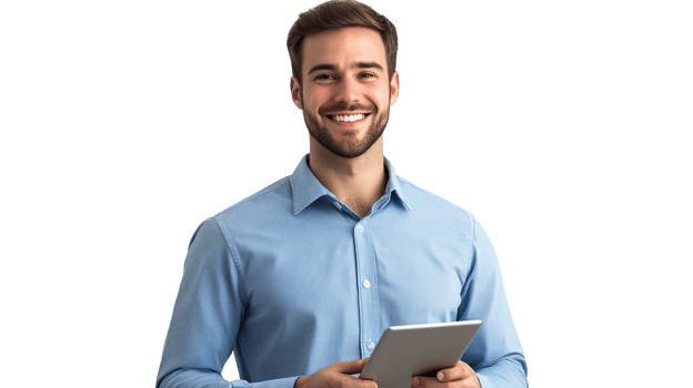 Smiling Young Man Holding Tablet Isolated on the Transparent Background png