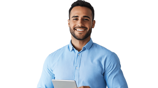 Young Handsome Man Holding Tablet Smiling Cicely Isolated at the Transparent Background png