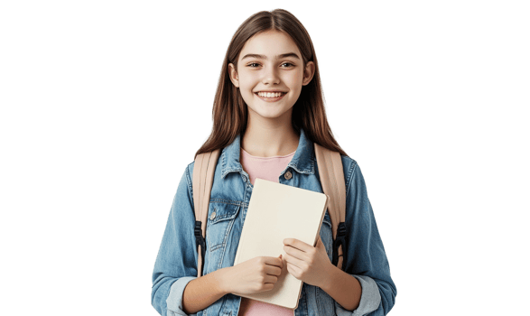 Cheerful Schoolgirl with Book Isolated at Clear Transparent Background png