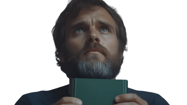 Thoughtful Man with Beard Holding a Book Looking Upward Expressive Face Literary Inspiration png