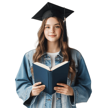 Smiling Young Female College Student with Square Academic Cap and Book on the Transparent Background png