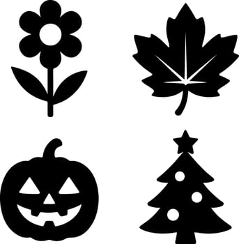 Set of seasonal icons featuring a flower, maple leaf, pumpkin, and Christmas tree. vector