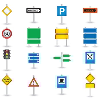A Blue road signs different shapes on metal frame. realistic set of blank traffic sign boards vector