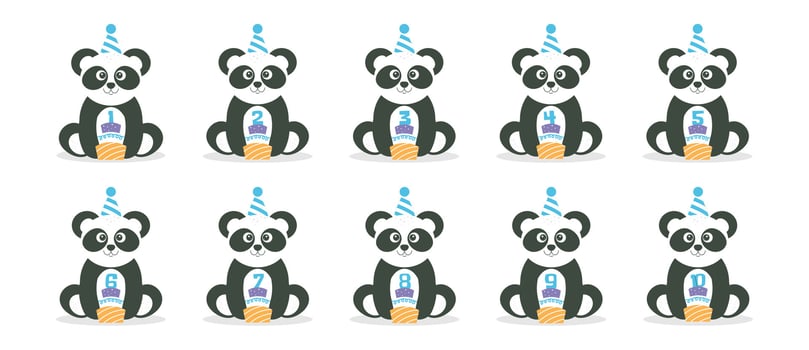Cute panda character and number from 1 before 10 set. Beautiful elements for Kids Birthday Party invitation, greeting card, poster, event, prints and cake toppers design vector