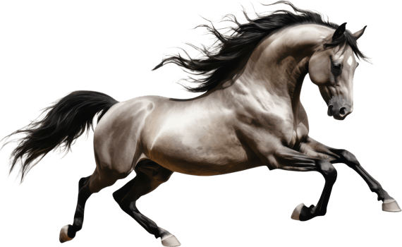 majestic horse with flowing mane gallops dynamically on transparent background, showcasing its strength and grace. png