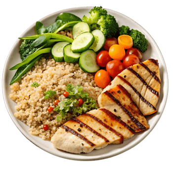 Healthy grilled chicken plate with quinoa and vegetables, isolated on transparent background png