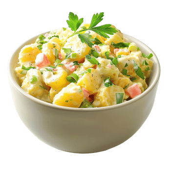 Close-up of a side-view bowl of potato salad with vinaigrette dressing, isolated on transparent background png