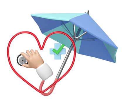 3d umbrella with doctor cartoon hand holding stethoscope, heart, cross, check mark isolated. health check, medicare concept, 3d illustration render png
