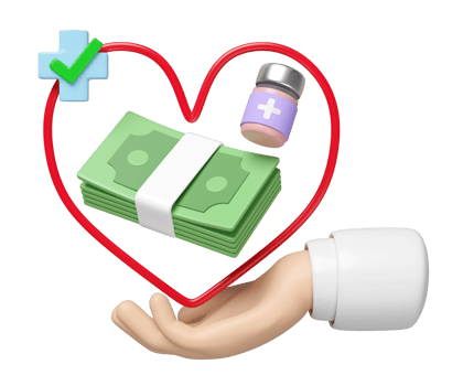3d hands holding heart with stack of banknotes, cross, check mark, medicine bottle isolated. expensive medicine, health check cost concept, 3d illustration render png