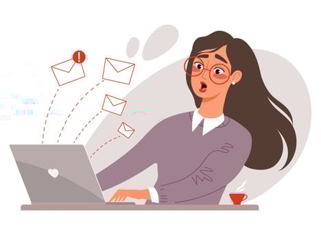 Woman working on laptop with email overload and surprised to receive so many new messages. Newsletter and customer feedback concept. Flat illustration vector