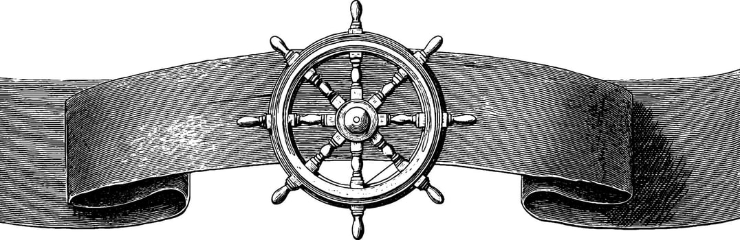 Nautical theme engraved ship wheel with vintage ribbon design for maritime projects. vector