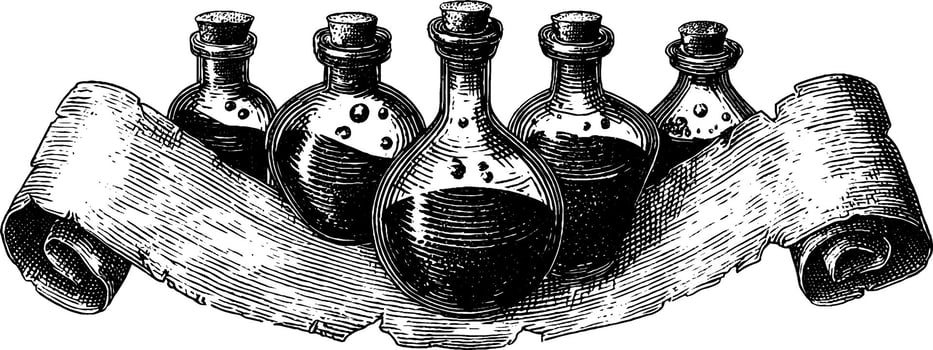 Vintage engraved illustration of magical potion bottles with scroll for fantasy design. vector