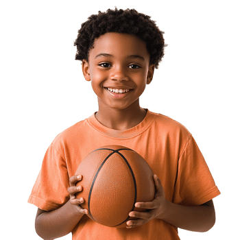 Young Kid Holding a Basketball with Smiling on Transparent Background png