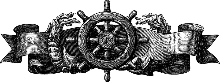 Nautical theme with engraved ship wheel and anchor for vintage design. vector