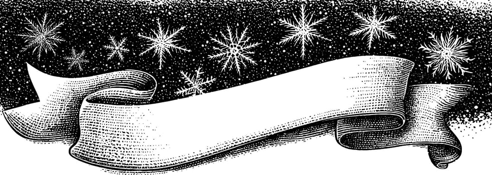 Engraved winter snowflakes with festive ribbon design for holiday greeting. vector