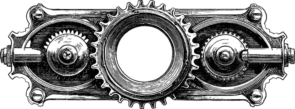 Steampunk gears engraving with intricate mechanical design for industrial art. vector