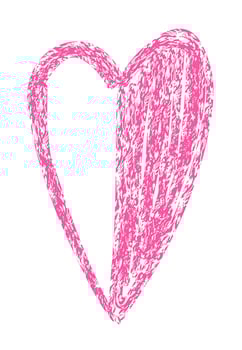 Pink heart drawing with crayon or wax pencil texture. Childlike paint vector